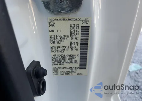 2022 Nissan Titan S z USA, uszkodzony, nr VIN 1N6AA1CE1NN106480